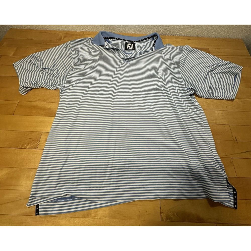 FootJoy FJ Blue Striped Golf Polo Shirt Performance Athletic Wear‎